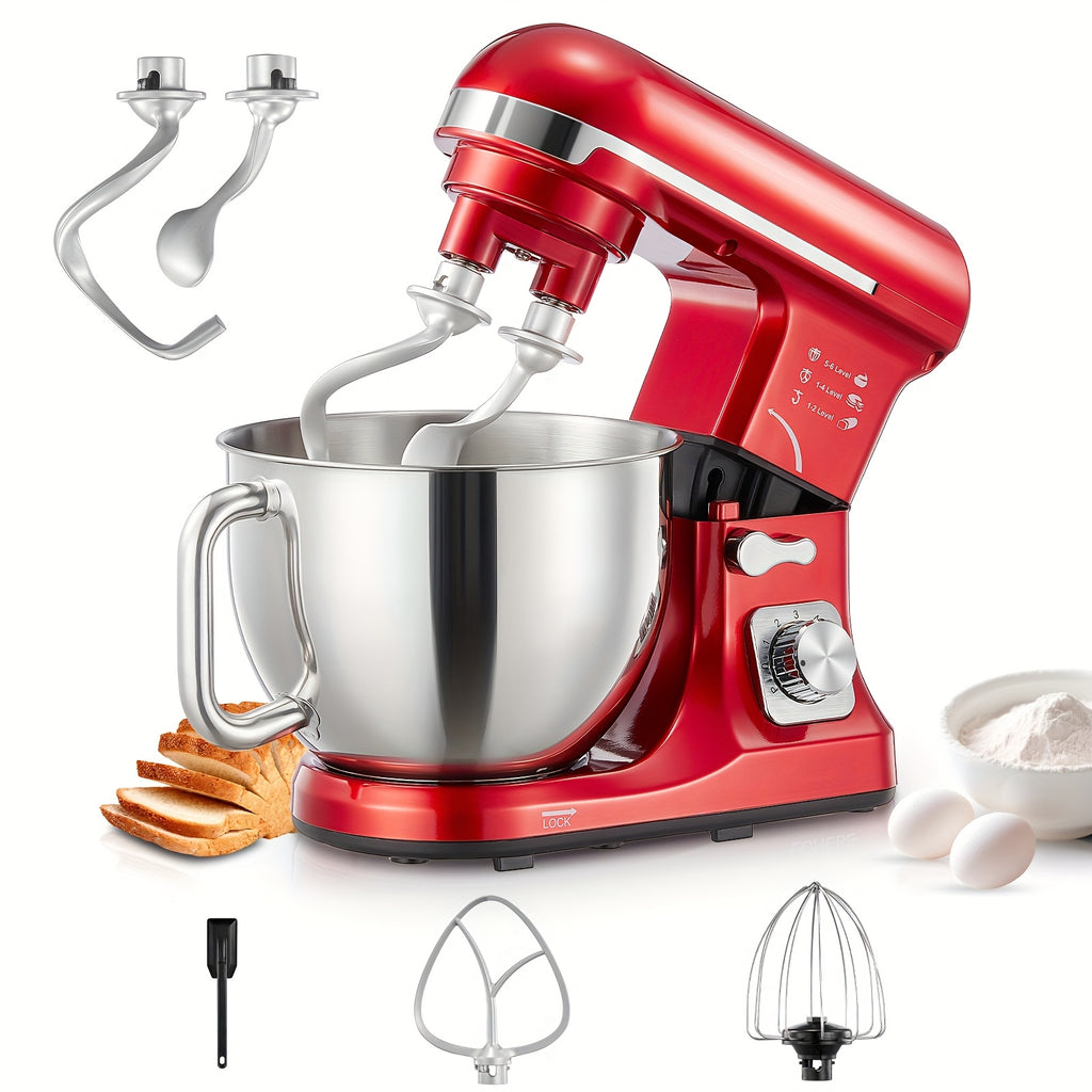 6-Speed Tilt-Head Stand Mixer with 5.5 Qt Stainless Steel Bowl. Equipped with double dough hooks, beater, whisk and egg white separator. Sturdy & practical, perfect for home baking lovers!