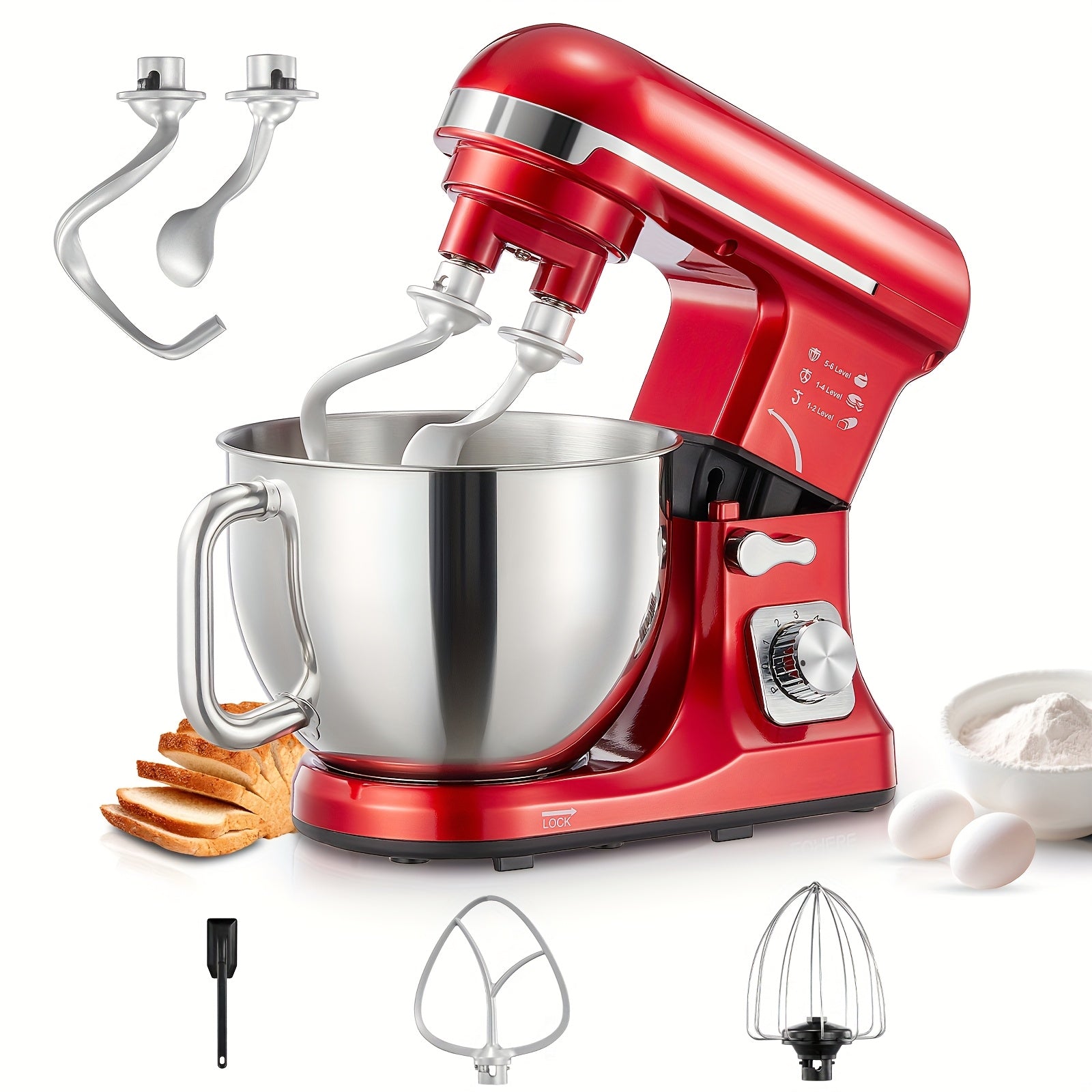 6-Speed Tilt-Head Stand Mixer with 5.5 Qt Stainless Steel Bowl. Equipped with double dough hooks, beater, whisk and egg white separator. Sturdy & practical, perfect for home baking lovers!