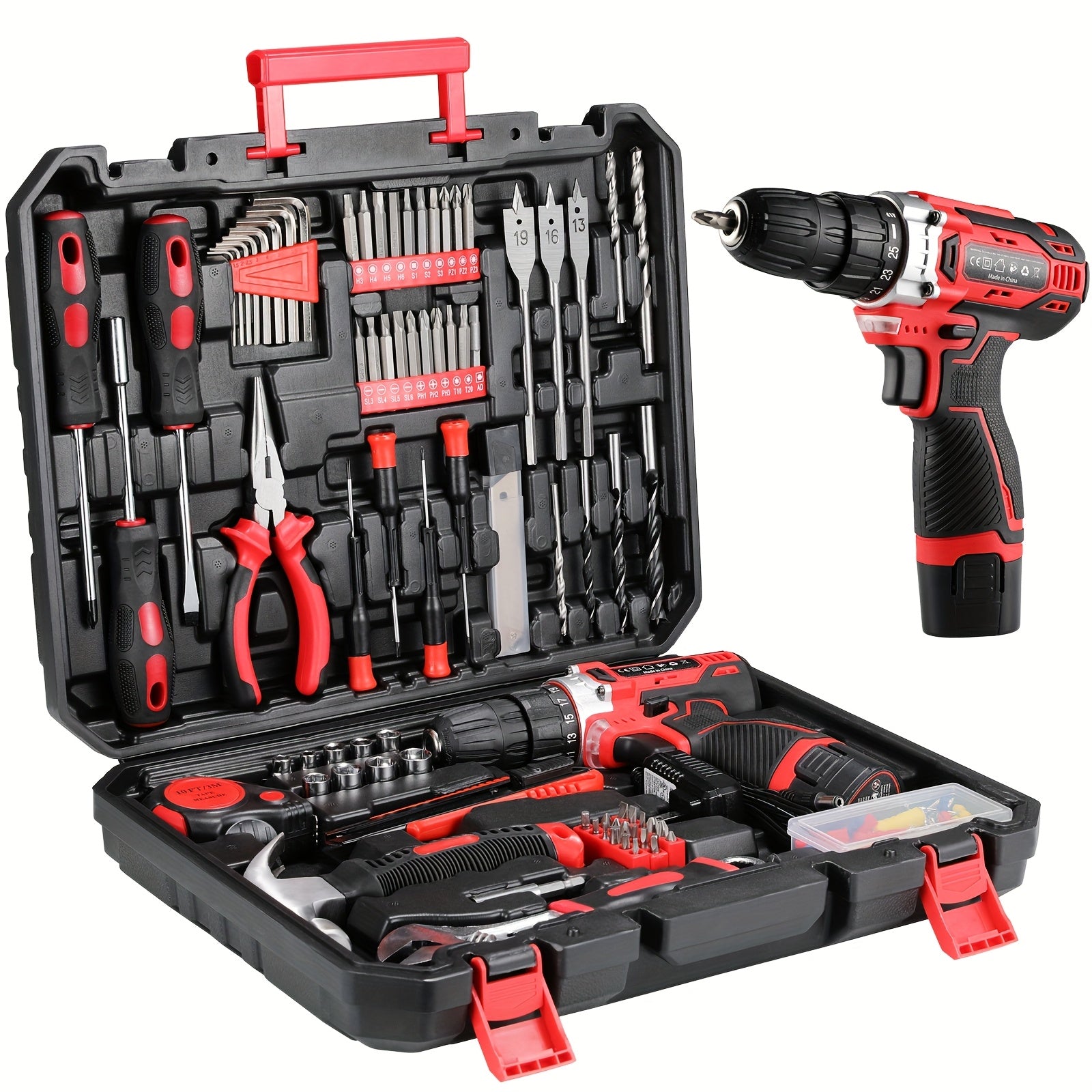 12V Cordless Drill Tool Kit, Complete Household Hand Tool Set with Toolbox, Portable Repair Tools for Home, Garden, Office & Boat, Perfect Father's Day Gift