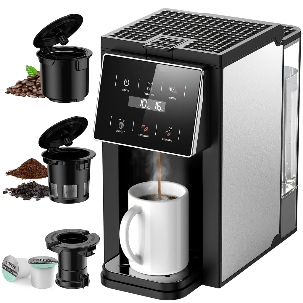 All-in-One Coffee Maker with Grinder, Multi-Function Coffee Pot for K-Cup Pods, Ground Coffee and Whole Beans, 6 Adjustable Grind Settings, Multiple Cup Sizes, Portable Compact Brewer for Office, Dorm and Home Use