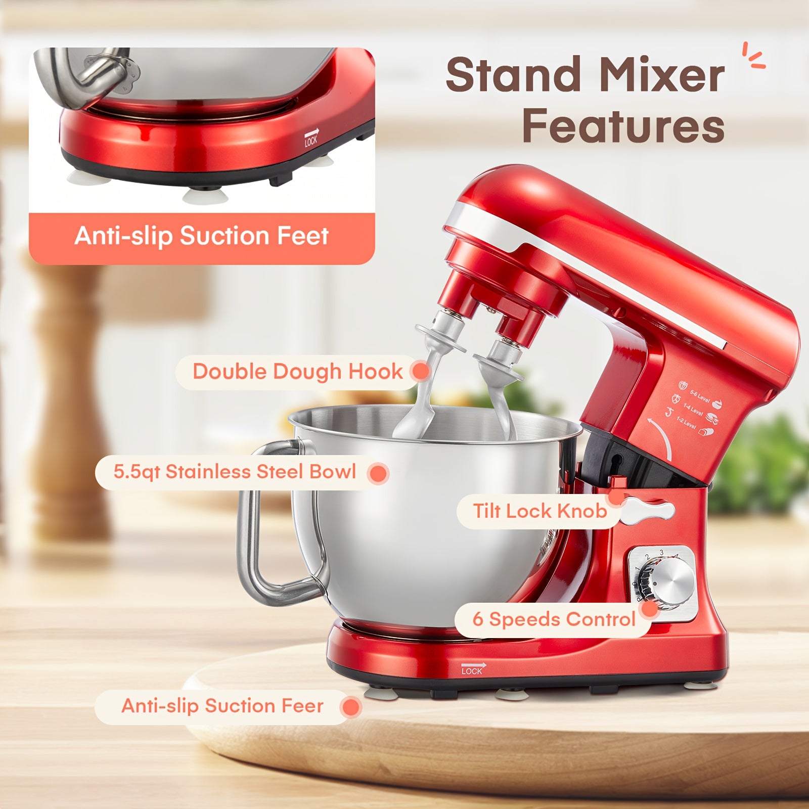 6-Speed Tilt-Head Stand Mixer with 5.5 Qt Stainless Steel Bowl. Equipped with double dough hooks, beater, whisk and egg white separator. Sturdy & practical, perfect for home baking lovers!
