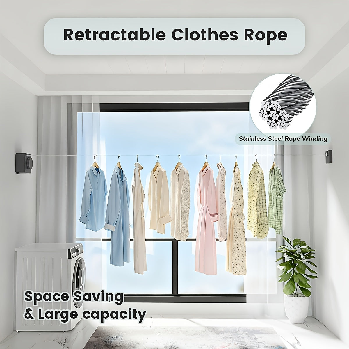 Retractable Stainless Steel Clothesline, Wall Mounted Heavy Duty Indoor Outdoor Drying Line