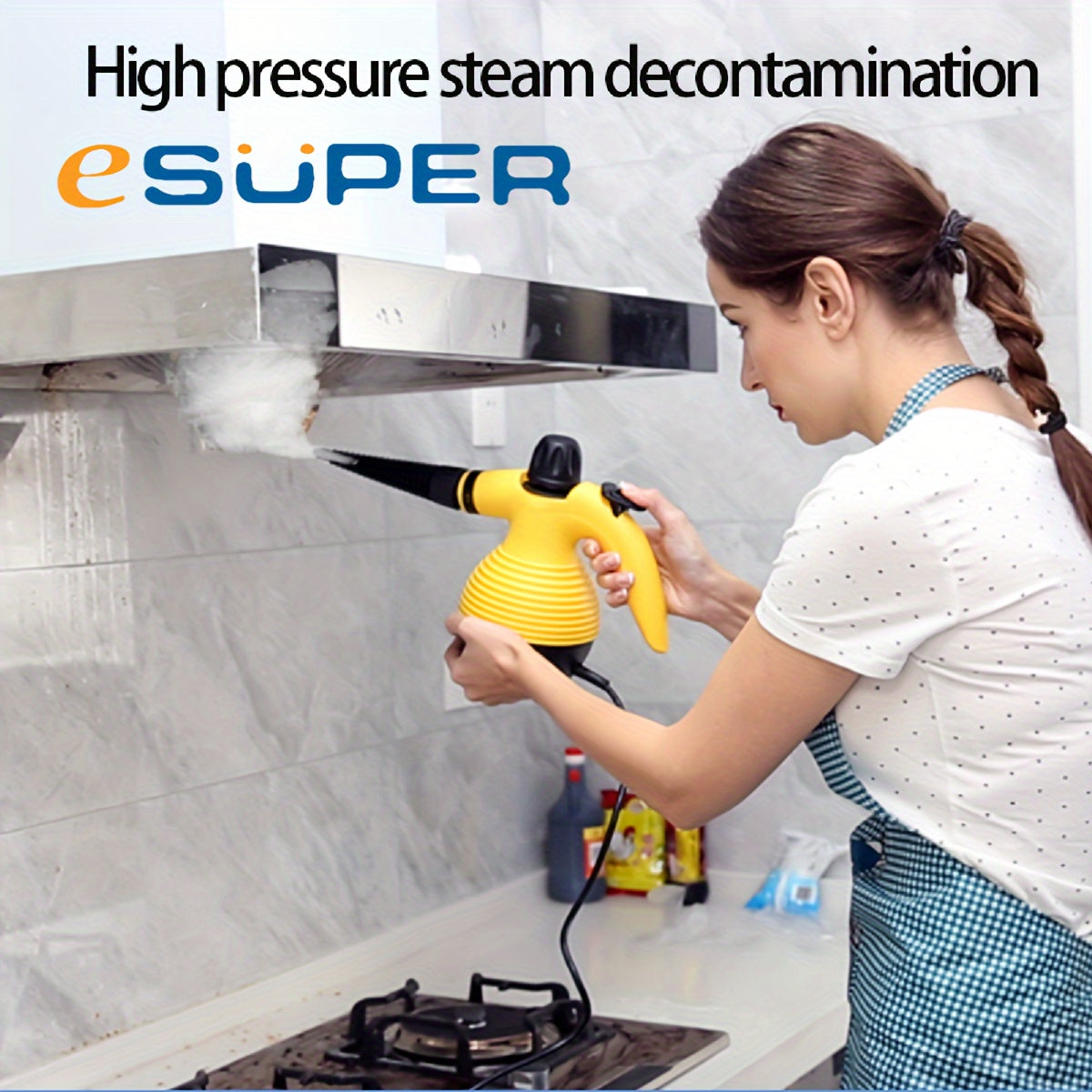 ESUPER Handheld Pressurized Steam Cleaner, Multi-Purpose Steam Cleaning Machine with 9 Accessories, IPX4 Waterproof, for Kitchen, Floor, Window, Curtain & Car Seat Stain Removal