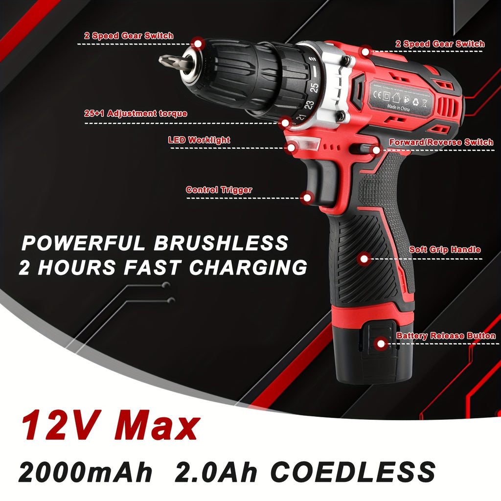 12V Cordless Drill Tool Kit, Complete Household Hand Tool Set with Toolbox, Portable Repair Tools for Home, Garden, Office & Boat, Perfect Father's Day Gift
