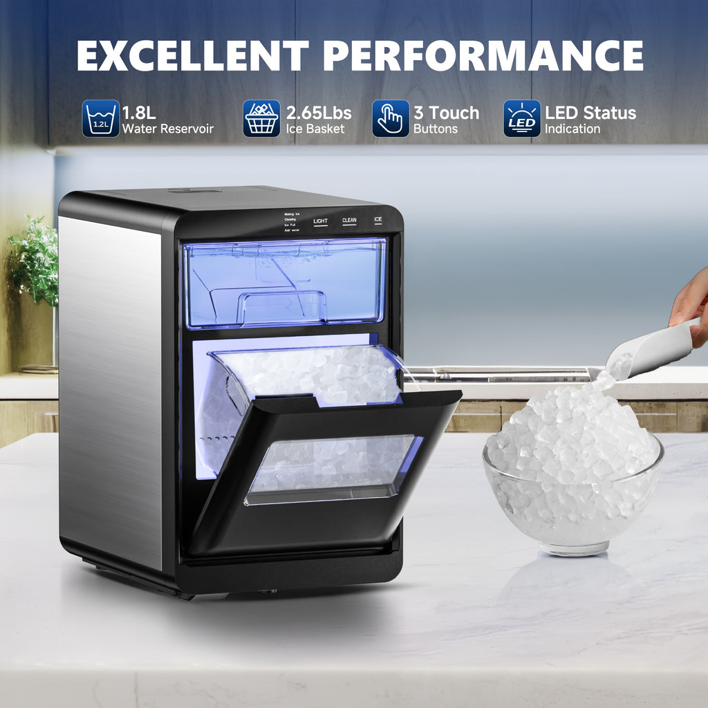 34/44Lbs Daily Nugget Ice Maker, Auto-Cleaning Countertop Sonic Ice Machine, Compact Mini Refrigerator with Ice Scoop & Basket for Home Kitchen Office