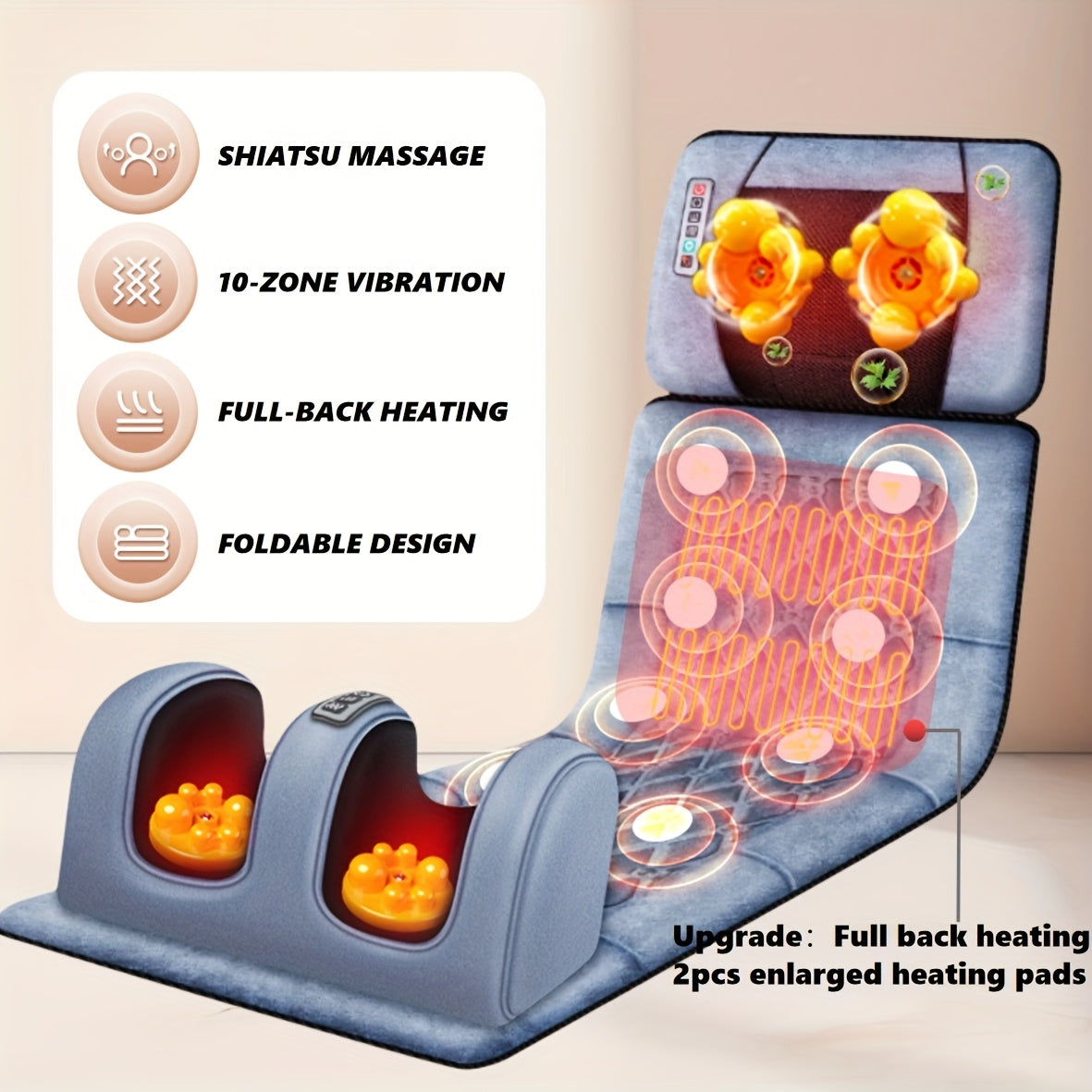 10-Zone Full Body Massage Mat, Wave Vibration & Kneading Function, Built-in Heating for Back, Foot and Calf Massage, Relaxation Massage Cushion, Perfect Gift for Father's Day & Mother's Day