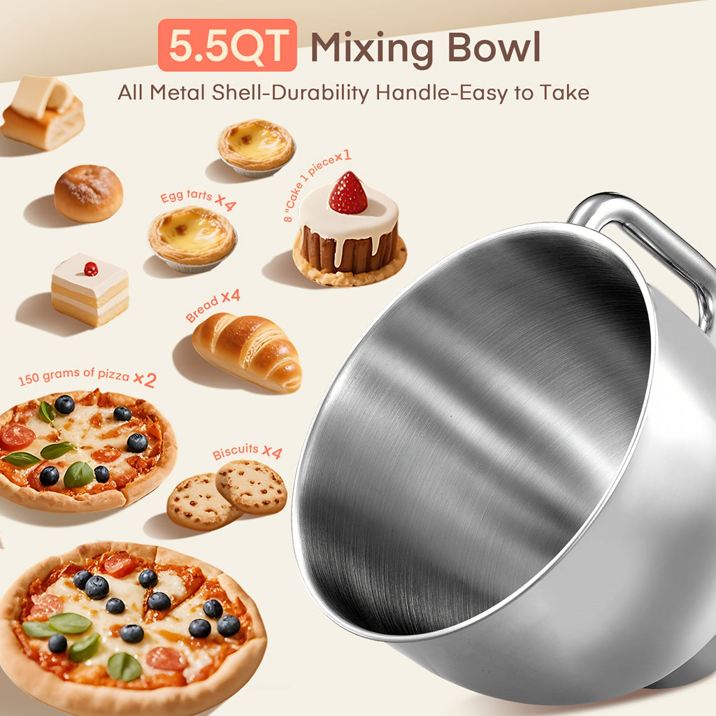6-Speed Tilt-Head Stand Mixer with 5.5 Qt Stainless Steel Bowl. Equipped with double dough hooks, beater, whisk and egg white separator. Sturdy & practical, perfect for home baking lovers!