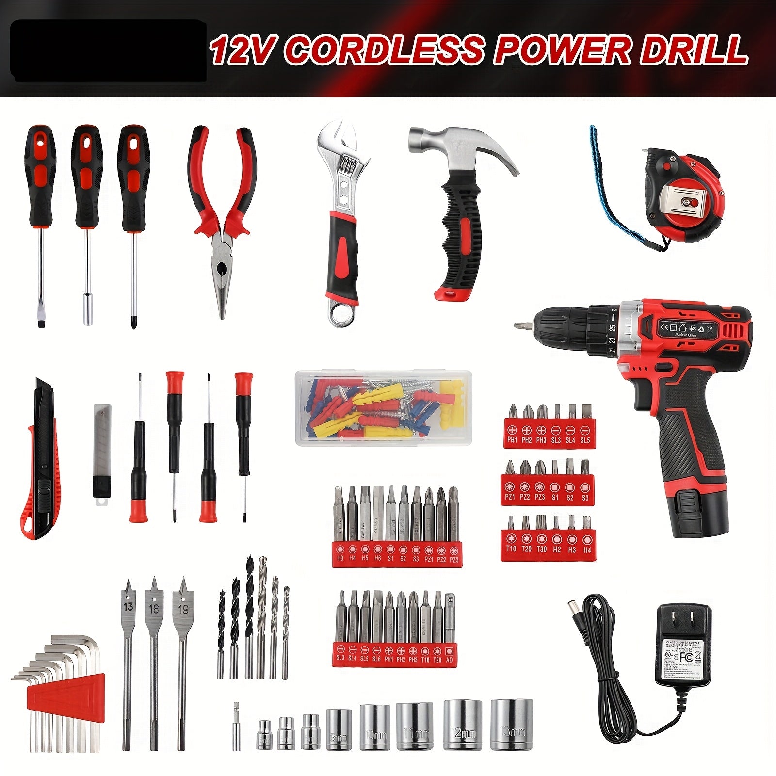 12V Cordless Drill Tool Kit, Complete Household Hand Tool Set with Toolbox, Portable Repair Tools for Home, Garden, Office & Boat, Perfect Father's Day Gift