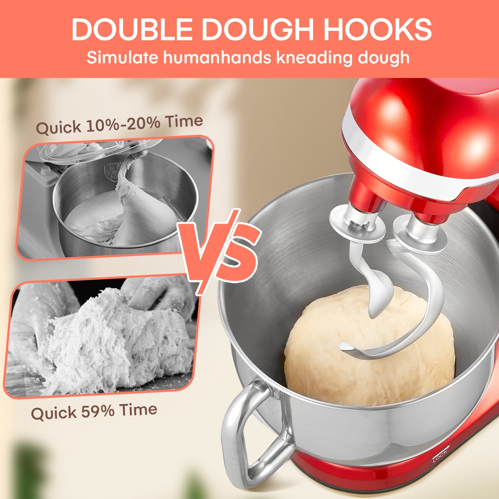6-Speed Tilt-Head Stand Mixer with 5.5 Qt Stainless Steel Bowl. Equipped with double dough hooks, beater, whisk and egg white separator. Sturdy & practical, perfect for home baking lovers!
