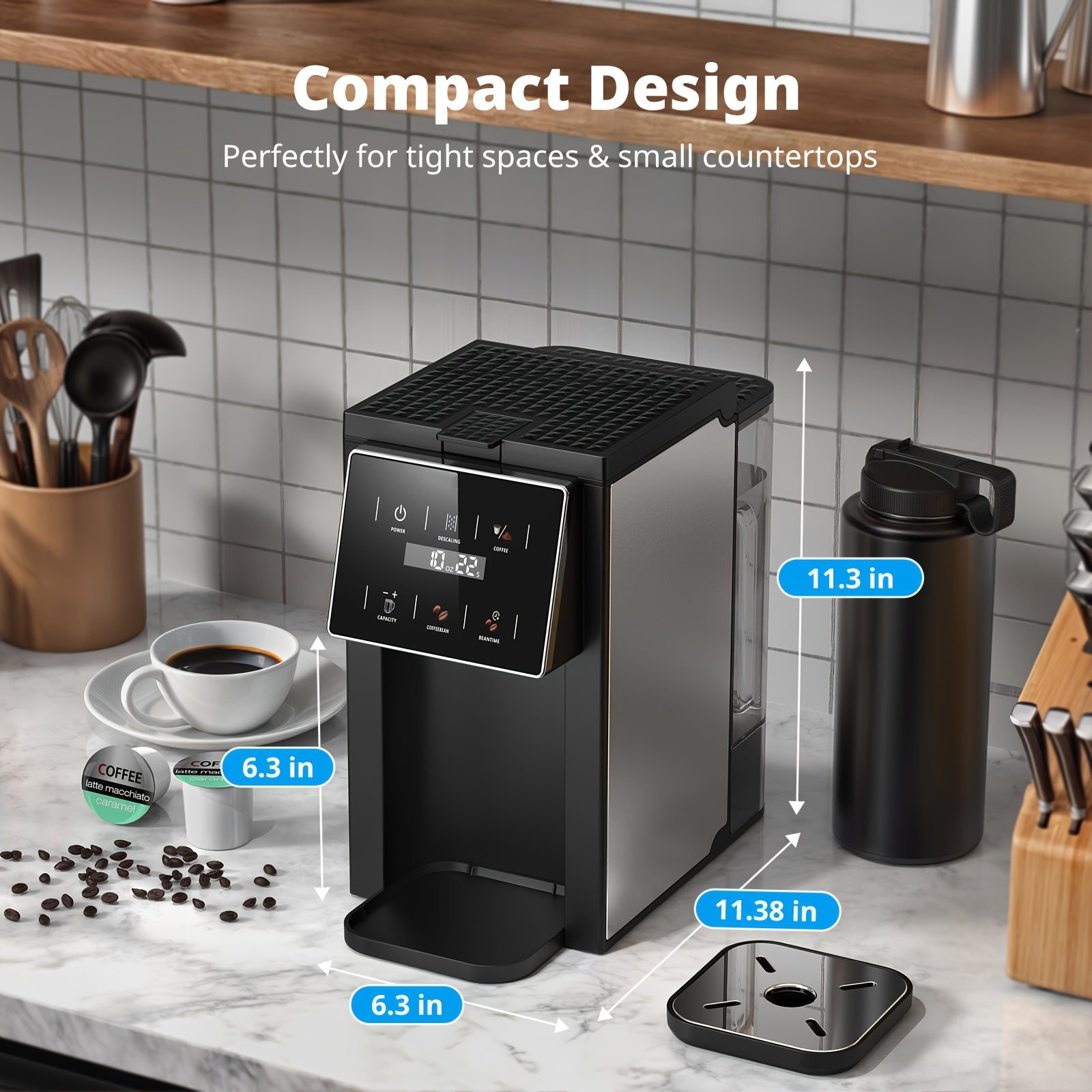 All-in-One Coffee Maker with Grinder, Multi-Function Coffee Pot for K-Cup Pods, Ground Coffee and Whole Beans, 6 Adjustable Grind Settings, Multiple Cup Sizes, Portable Compact Brewer for Office, Dorm and Home Use