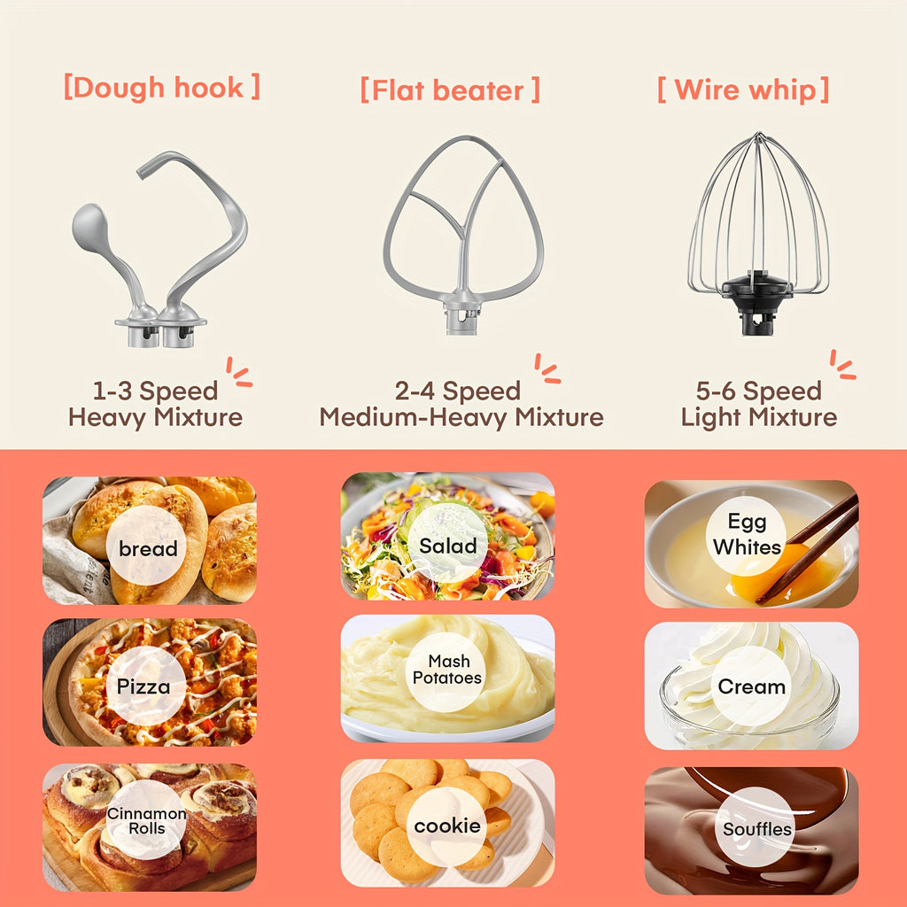 6-Speed Tilt-Head Stand Mixer with 5.5 Qt Stainless Steel Bowl. Equipped with double dough hooks, beater, whisk and egg white separator. Sturdy & practical, perfect for home baking lovers!