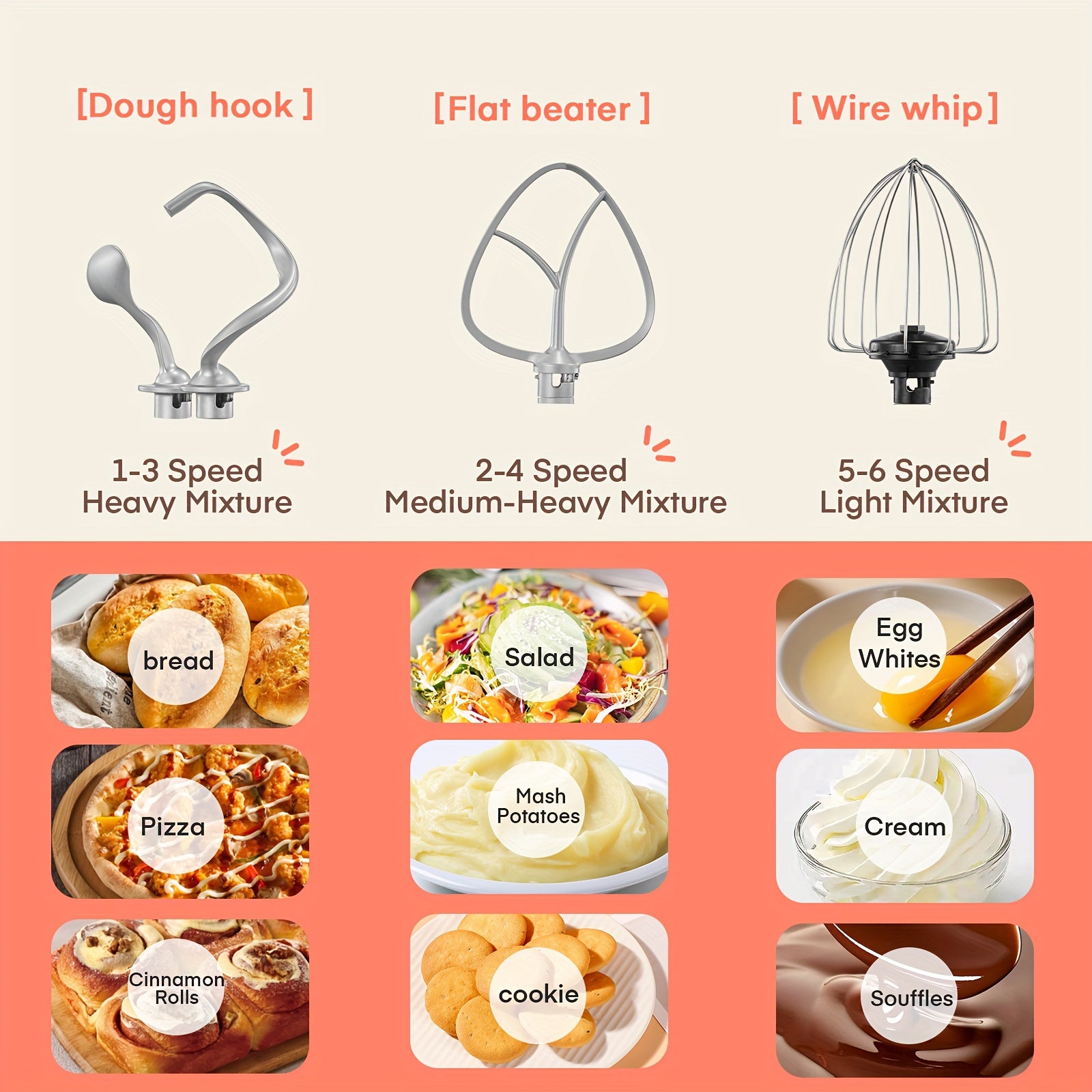 6-Speed Tilt-Head Stand Mixer with 5.5 Qt Stainless Steel Bowl. Equipped with double dough hooks, beater, whisk and egg white separator. Sturdy & practical, perfect for home baking lovers!