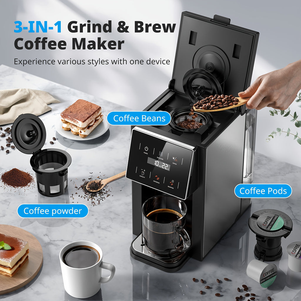 All-in-One Coffee Maker with Grinder, Multi-Function Coffee Pot for K-Cup Pods, Ground Coffee and Whole Beans, 6 Adjustable Grind Settings, Multiple Cup Sizes, Portable Compact Brewer for Office, Dorm and Home Use