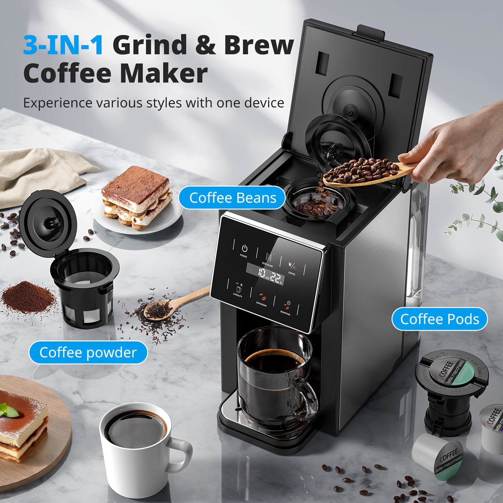 All-in-One Coffee Maker with Grinder, Multi-Function Coffee Pot for K-Cup Pods, Ground Coffee and Whole Beans, 6 Adjustable Grind Settings, Multiple Cup Sizes, Portable Compact Brewer for Office, Dorm and Home Use