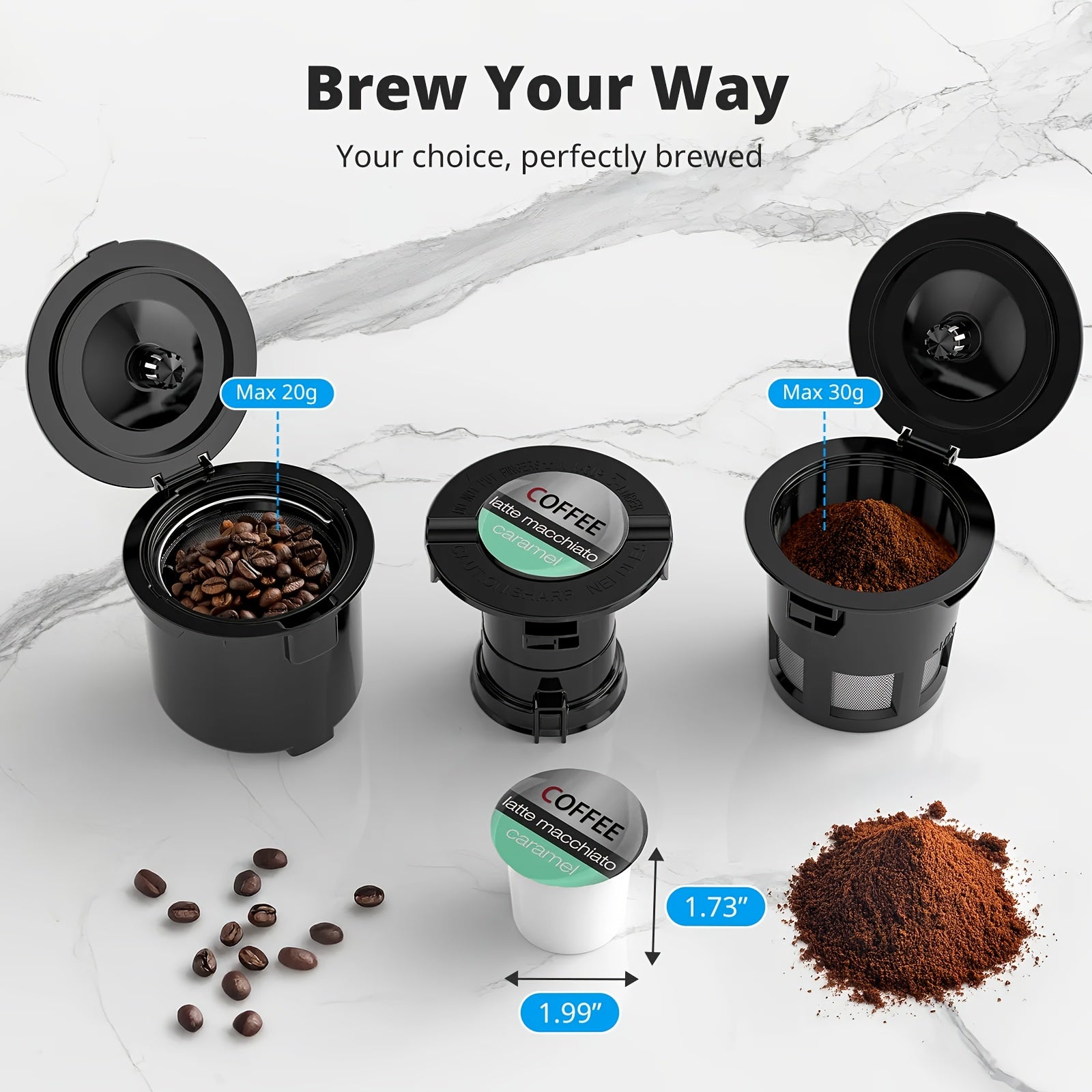 All-in-One Coffee Maker with Grinder, Multi-Function Coffee Pot for K-Cup Pods, Ground Coffee and Whole Beans, 6 Adjustable Grind Settings, Multiple Cup Sizes, Portable Compact Brewer for Office, Dorm and Home Use