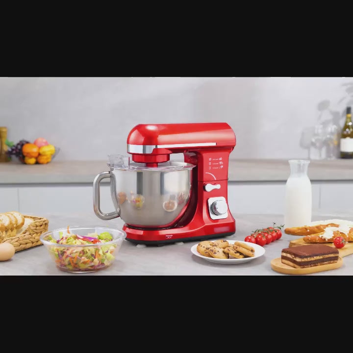 6-Speed Tilt-Head Stand Mixer with 5.5 Qt Stainless Steel Bowl. Equipped with double dough hooks, beater, whisk and egg white separator. Sturdy & practical, perfect for home baking lovers!