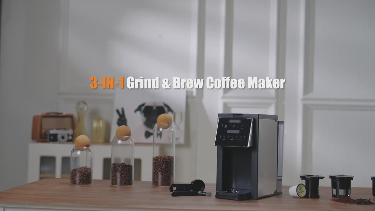 All-in-One Coffee Maker with Grinder, Multi-Function Coffee Pot for K-Cup Pods, Ground Coffee and Whole Beans, 6 Adjustable Grind Settings, Multiple Cup Sizes, Portable Compact Brewer for Office, Dorm and Home Use